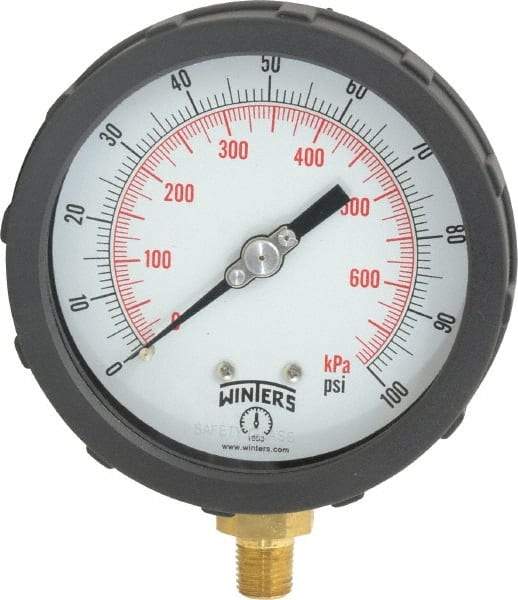 Winters - 4" Dial, 1/4 Thread, 0-100 Scale Range, Pressure Gauge - Lower Connection Mount, Accurate to 1% of Scale - Americas Tooling