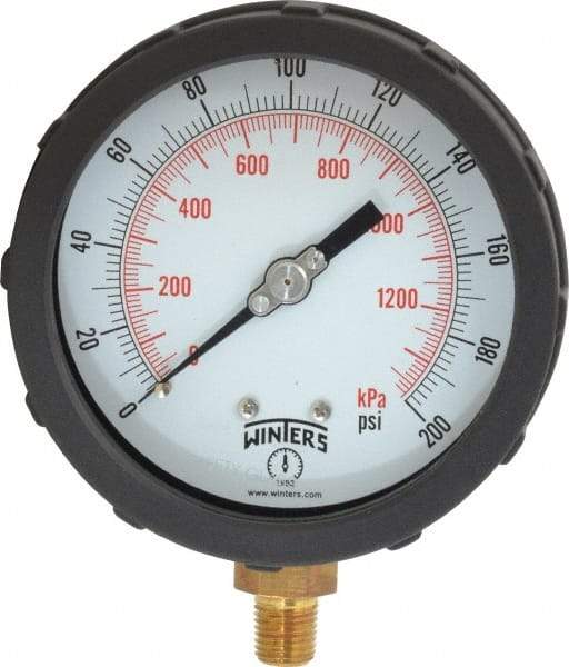 Winters - 4" Dial, 1/4 Thread, 0-200 Scale Range, Pressure Gauge - Lower Connection Mount, Accurate to 1% of Scale - Americas Tooling