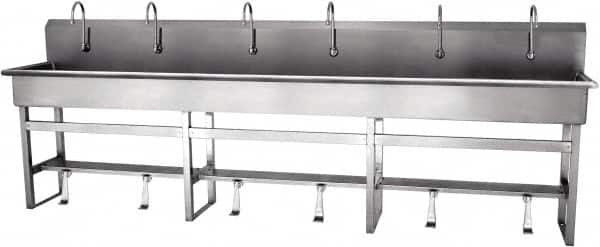 SANI-LAV - 117" Long x 16-1/2" Wide Inside, 1 Compartment, Grade 304 Stainless Steel Hands Free Hand Sink - 16 Gauge, 120" Long x 20" Wide x 45" High Outside, 8" Deep - Americas Tooling