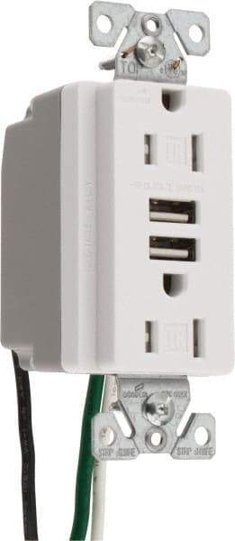 Cooper Wiring Devices - 2 USB Port, 2 Receptacle, 125 VAC, 5 VDC USB Receptacle - 5-15R NEMA Configuration, 15 Amp, White, 2.1 Amp Charging Power, Automatic Grounding, Screw Mount - Americas Tooling