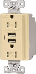 Cooper Wiring Devices - 2 USB Port, 2 Receptacle, 125 VAC, 5 VDC USB Receptacle - 5-15R NEMA Configuration, 15 Amp, Ivory, 2.1 Amp Charging Power, Automatic Grounding, Screw Mount - Americas Tooling