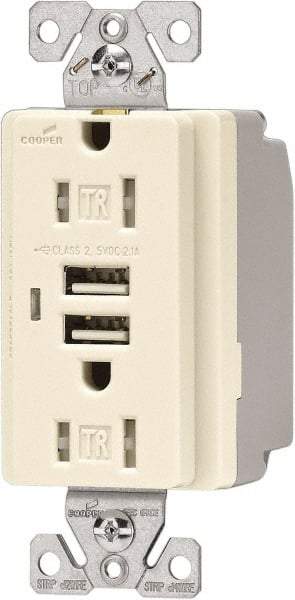 Cooper Wiring Devices - 2 USB Port, 2 Receptacle, 125 VAC, 5 VDC USB Receptacle - 5-15R NEMA Configuration, 15 Amp, Light Almond, 2.1 Amp Charging Power, Automatic Grounding, Screw Mount - Americas Tooling