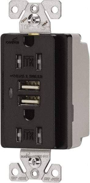 Cooper Wiring Devices - 2 USB Port, 2 Receptacle, 125 VAC, 5 VDC USB Receptacle - 5-15R NEMA Configuration, 15 Amp, Black, 2.1 Amp Charging Power, Automatic Grounding, Screw Mount - Americas Tooling