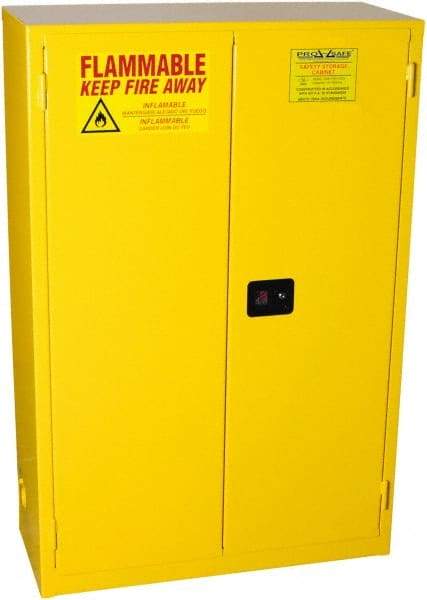 PRO-SAFE - 2 Door, 2 Shelf, Yellow Steel Standard Safety Cabinet for Flammable and Combustible Liquids - 65" High x 43" Wide x 18" Deep, Self Closing Door, 3 Point Key Lock, 45 Gal Capacity - Americas Tooling