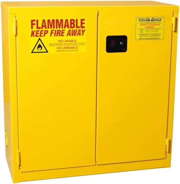 PRO-SAFE - 2 Door, 1 Shelf, Yellow Steel Standard Safety Cabinet for Flammable and Combustible Liquids - 44" High x 43" Wide x 18" Deep, Self Closing Door, 3 Point Key Lock, 30 Gal Capacity - Americas Tooling