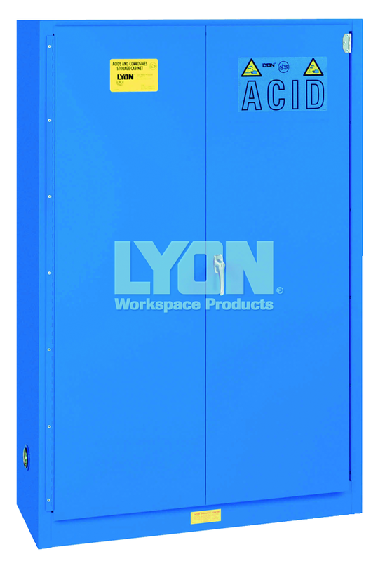 Acid Storage Cabinet - #5545 - 43 x 18 x 65" - 45 Gallon - w/2 shelves, three poly trays, bi-fold self-closing door - Blue Only - Americas Tooling