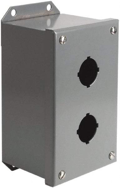 Square D - 2 Hole, 30mm Hole Diameter, Steel Pushbutton Switch Enclosure - 4-3/4 Inch High x 4.17 Inch Wide x 3.62 Inch Deep, 1, 3, 14 NEMA Rated - Americas Tooling