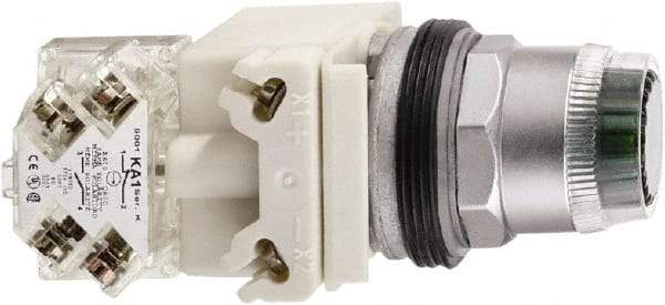 Schneider Electric - 1.22 Inch Mount Hole, Flush, Pushbutton Switch with Contact Block - Round, Illuminated, Momentary (MO), Dusttight, Oiltight, Watertight and Shock and Vibration Resistant - Americas Tooling