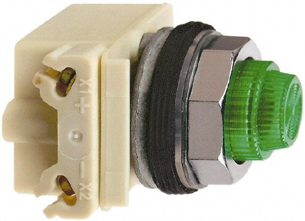 Square D - 24-28 VAC/VDC Green Lens LED Indicating Light - Round Lens, Screw Clamp Connector, 70mm OAL x 54mm Wide, Shock Resistant, Vibration Resistant - Americas Tooling