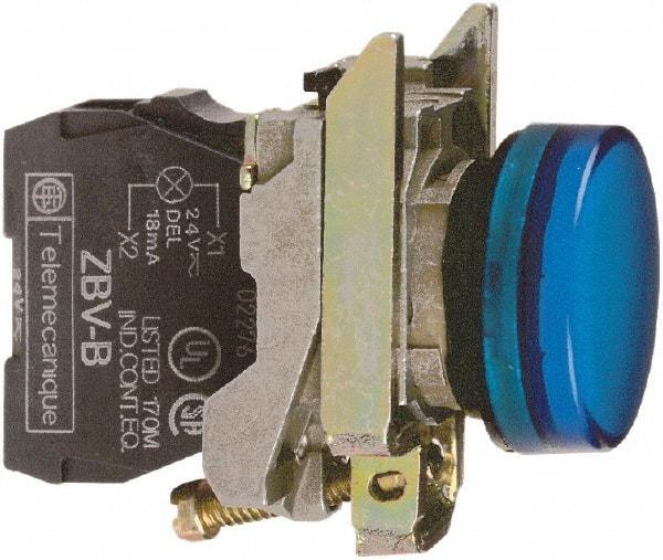 Square D - 110-120 VAC Blue Lens LED Indicating Light - Round Lens, Screw Clamp Connector, 46.5mm OAL x 30mm Wide, Shock Resistant, Vibration Resistant - Americas Tooling