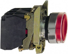 Schneider Electric - 22mm Mount Hole, Flush, Pushbutton Switch with Contact Block - Round, Red Pushbutton, Illuminated, Momentary (MO) - Americas Tooling