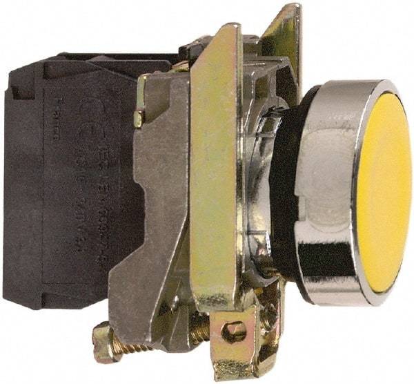 Square D - 0.87 Inch Mount Hole, Flush, Pushbutton Switch Only - Round, Yellow Pushbutton, Nonilluminated, Momentary (MO), Shock and Vibration Resistant - Americas Tooling