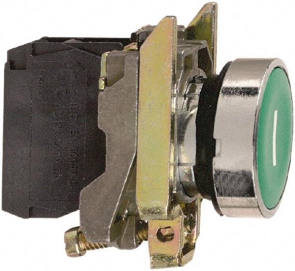 Square D - 0.87 Inch Mount Hole, Flush, Pushbutton Switch Only - Round, Green Pushbutton, Nonilluminated, Momentary (MO), Shock and Vibration Resistant - Americas Tooling