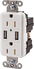 Hubbell Wiring Device-Kellems - 2 USB Port, 2 Receptacle, 125 VAC, 5 VDC USB Receptacle - 5-15R NEMA Configuration, 15 Amp, White, 3.8 Amp Charging Power, Screw Mount - Americas Tooling