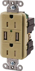 Hubbell Wiring Device-Kellems - 2 USB Port, 2 Receptacle, 125 VAC, 5 VDC USB Receptacle - 5-15R NEMA Configuration, 15 Amp, Ivory, 3.8 Amp Charging Power, Screw Mount - Americas Tooling