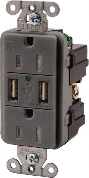 Hubbell Wiring Device-Kellems - 2 USB Port, 2 Receptacle, 125 VAC, 5 VDC USB Receptacle - 5-15R NEMA Configuration, 15 Amp, Gray, 3.8 Amp Charging Power, LED Indicator Light - Americas Tooling