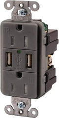 Hubbell Wiring Device-Kellems - 2 USB Port, 2 Receptacle, 125 VAC, 5 VDC USB Receptacle - 5-15R NEMA Configuration, 15 Amp, Gray, 3.8 Amp Charging Power, LED Indicator Light - Americas Tooling