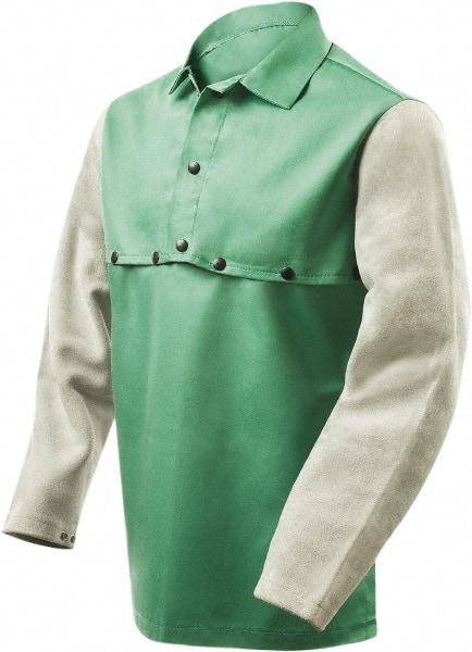 Steiner - Size 4XL, 19" Long, Flame Resistant, Cape Sleeves & Bib - Cotton & Leather, 9 oz, Green & Gray - Americas Tooling