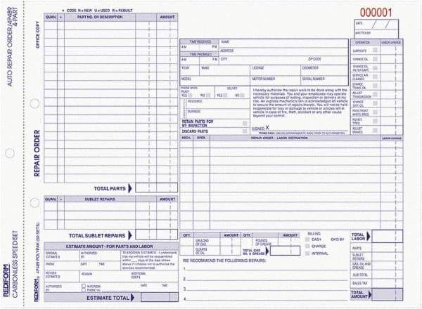 REDIFORM - 50 Sheet, 8-1/2 x 11", Auto Repair Form - White & Blue - Americas Tooling