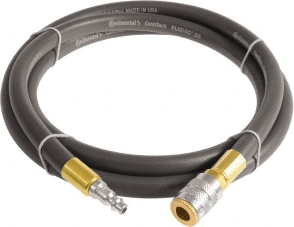 Continental ContiTech - 3/4" ID x 1.11" OD 10' Long Multipurpose Air Hose - Industrial Interchange Safety Coupler x Male Plug Ends, 250 Working psi, -10 to 158°F, 3/4" Fitting, Gray - Americas Tooling