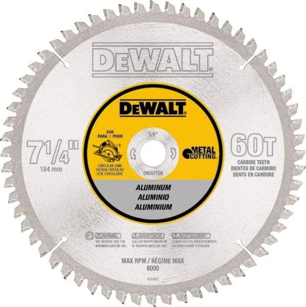 DeWALT - 7-1/4" Diam, 5/8" Arbor Hole Diam, 60 Tooth Wet & Dry Cut Saw Blade - High Speed Steel, Crosscut Action, Standard Round Arbor - Americas Tooling