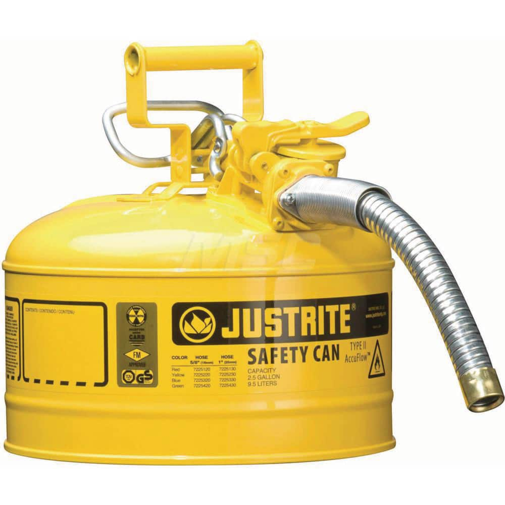 Justrite - Safety Dispensing Cans; Capacity: 2.5 Gal ; Material: Steel ; Color: Yellow ; Height (Decimal Inch): 12.000000 ; Diameter/Length (mm): 11.75 ; Approval Listing/Regulations: FM Approved; UL; ULC; TUV - Exact Industrial Supply