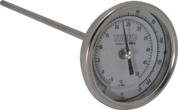 Wika - 9 Inch Long Stem, 3 Inch Dial Diameter, Stainless Steel, Back Connected Bi-Metal Thermometer - -5 to 50°C, 1% Accuracy - Americas Tooling