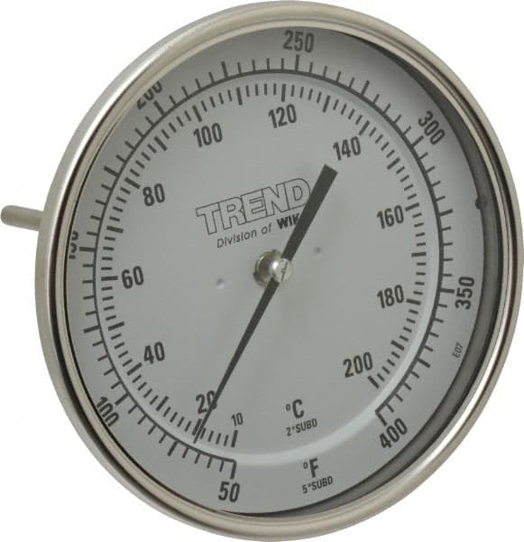 Wika - 6 Inch Long Stem, 5 Inch Dial Diameter, Stainless Steel, Back Connected Bi-Metal Thermometer - 10 to 200°C, 1% Accuracy - Americas Tooling