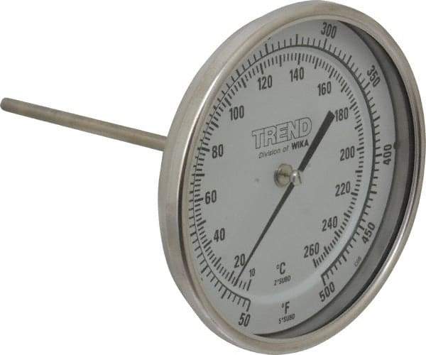 Wika - 6 Inch Long Stem, 5 Inch Dial Diameter, Stainless Steel, Back Connected Bi-Metal Thermometer - 10 to 260°C, 1% Accuracy - Americas Tooling