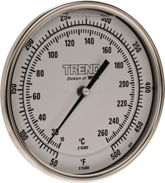 Wika - 4 Inch Long Stem, 5 Inch Dial Diameter, Stainless Steel, Back Connected Bi-Metal Thermometer - 10 to 260°C, 1% Accuracy - Americas Tooling