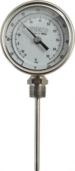 Wika - 4 Inch Long Stem, 3 Inch Dial Diameter, Stainless Steel, Bottom Connected Bi-Metal Thermometer - -15 to 90°C, 1% Accuracy - Americas Tooling