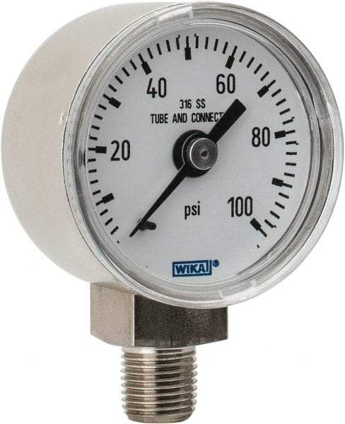 Wika - 1-1/2" Dial, 1/8 Thread, 0-100 Scale Range, Pressure Gauge - Lower Connection Mount, Accurate to 2.5% of Scale - Americas Tooling