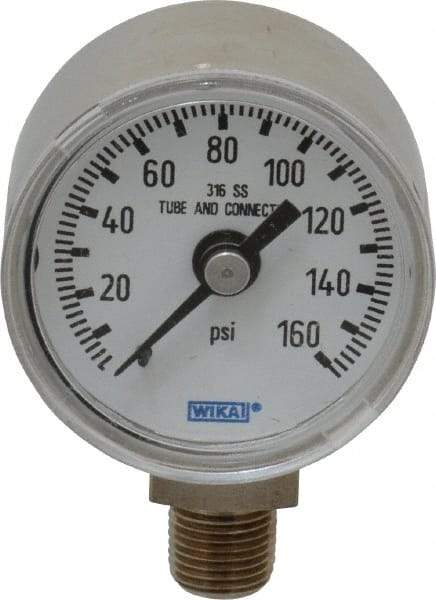 Wika - 1-1/2" Dial, 1/8 Thread, 0-160 Scale Range, Pressure Gauge - Lower Connection Mount, Accurate to 2.5% of Scale - Americas Tooling