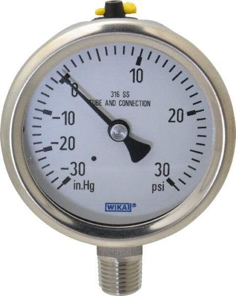 Wika - 2-1/2" Dial, 1/4 Thread, 30-0-30 Scale Range, Pressure Gauge - Lower Connection Mount, Accurate to 1.5% of Scale - Americas Tooling