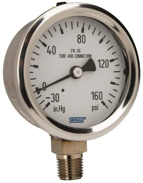 Wika - 2-1/2" Dial, 1/4 Thread, 30-0-160 Scale Range, Pressure Gauge - Lower Connection Mount, Accurate to 1.5% of Scale - Americas Tooling