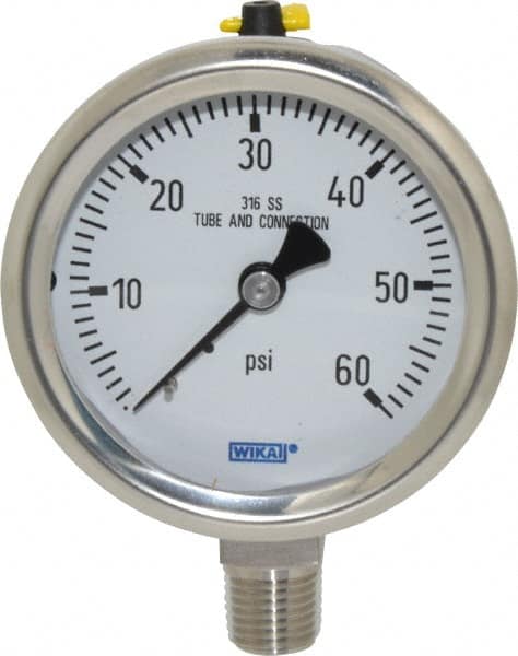 Wika - 2-1/2" Dial, 1/4 Thread, 0-60 Scale Range, Pressure Gauge - Lower Connection Mount, Accurate to 1.5% of Scale - Americas Tooling