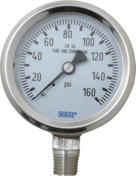 Wika - 2-1/2" Dial, 1/4 Thread, 0-160 Scale Range, Pressure Gauge - Lower Connection Mount, Accurate to 1.5% of Scale - Americas Tooling