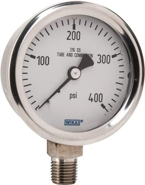 Wika - 2-1/2" Dial, 1/4 Thread, 0-400 Scale Range, Pressure Gauge - Lower Connection Mount, Accurate to 1.5% of Scale - Americas Tooling