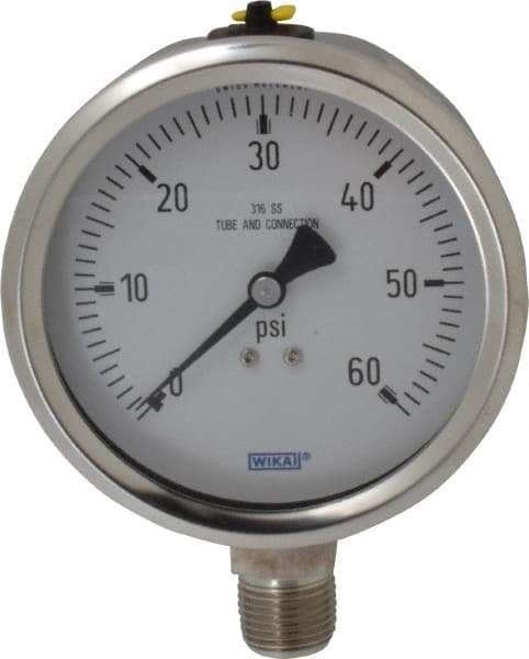 Wika - 4" Dial, 1/2 Thread, 0-60 Scale Range, Pressure Gauge - Lower Connection Mount, Accurate to 1% of Scale - Americas Tooling