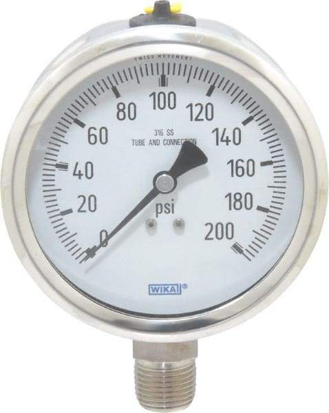 Wika - 4" Dial, 1/2 Thread, 0-200 Scale Range, Pressure Gauge - Lower Connection Mount, Accurate to 1% of Scale - Americas Tooling