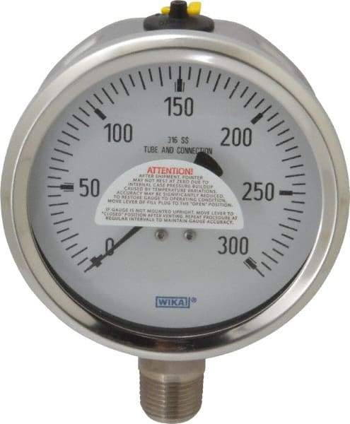 Wika - 4" Dial, 1/2 Thread, 0-300 Scale Range, Pressure Gauge - Lower Connection Mount, Accurate to 1% of Scale - Americas Tooling