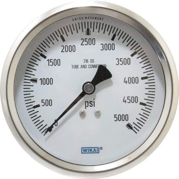 Wika - 4" Dial, 1/2 Thread, 0-5,000 Scale Range, Pressure Gauge - Lower Back Connection Mount, Accurate to 1% of Scale - Americas Tooling