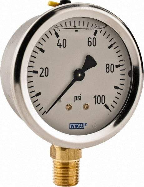 Wika - 2-1/2" Dial, 1/4 Thread, 0-100 Scale Range, Pressure Gauge - Lower Connection Mount, Accurate to 2-1-2% of Scale - Americas Tooling