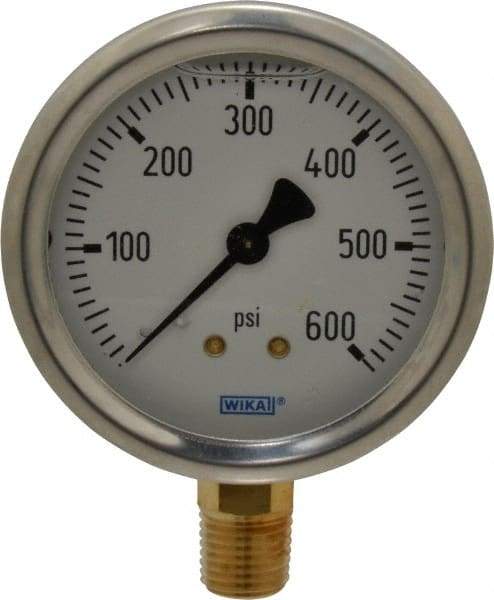 Wika - 2-1/2" Dial, 1/4 Thread, 0-600 Scale Range, Pressure Gauge - Lower Connection Mount, Accurate to 1.5% of Scale - Americas Tooling