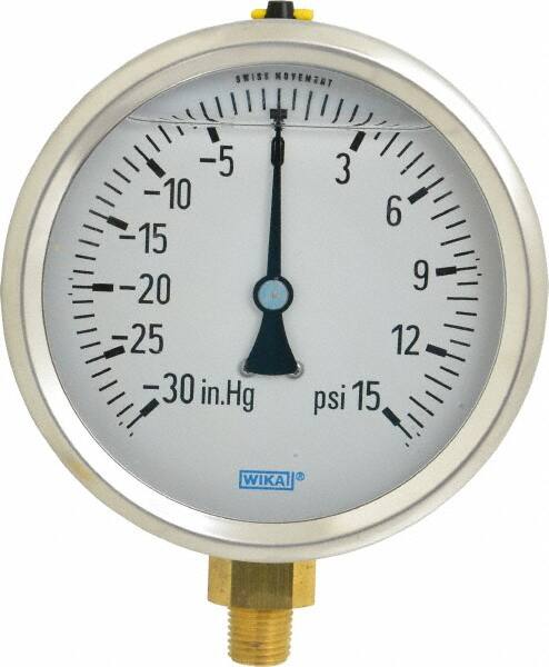 Wika - 4" Dial, 1/4 Thread, 30-0-15 Scale Range, Pressure Gauge - Lower Connection Mount, Accurate to 1% of Scale - Americas Tooling