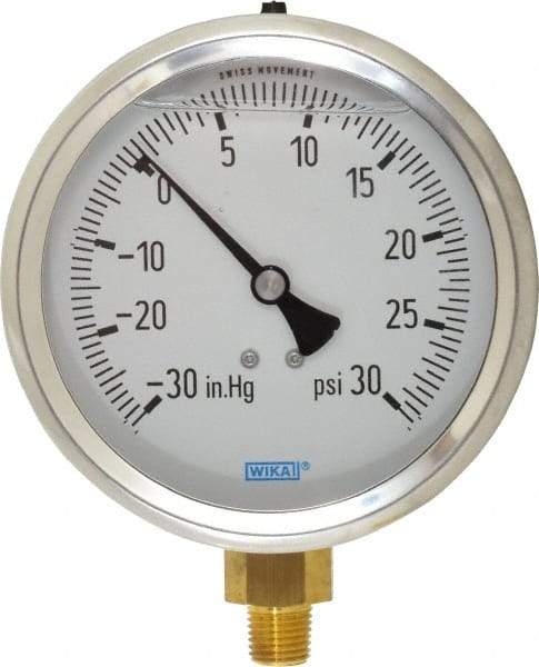 Wika - 4" Dial, 1/4 Thread, 30-0-30 Scale Range, Pressure Gauge - Lower Connection Mount, Accurate to 1% of Scale - Americas Tooling