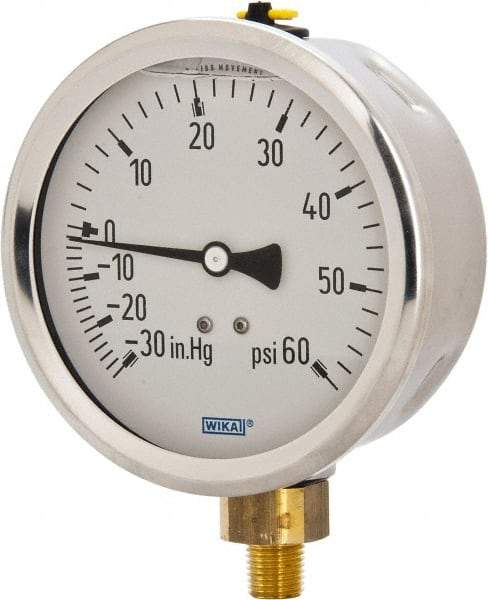 Wika - 4" Dial, 1/4 Thread, 30-0-60 Scale Range, Pressure Gauge - Lower Connection Mount, Accurate to 1% of Scale - Americas Tooling