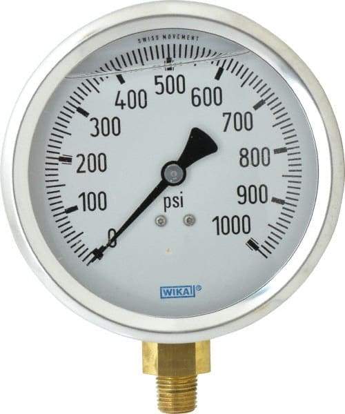 Wika - 4" Dial, 1/4 Thread, 0-1,000 Scale Range, Pressure Gauge - Lower Connection Mount, Accurate to 1% of Scale - Americas Tooling