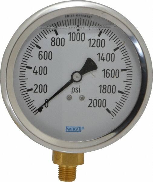 Wika - 4" Dial, 1/4 Thread, 0-2,000 Scale Range, Pressure Gauge - Lower Connection Mount, Accurate to 1% of Scale - Americas Tooling