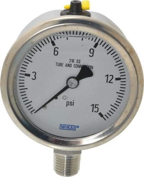 Wika - 2-1/2" Dial, 1/4 Thread, 0-15 Scale Range, Pressure Gauge - Lower Connection Mount, Accurate to 1.5% of Scale - Americas Tooling